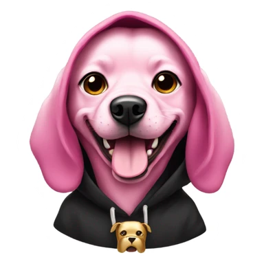 Pink dog wearing a black hoodie with a gold tooth sticker