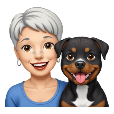Pitt bull rottweiler white muzzle with black spots tongue out next to older woman with short silver hair sticker