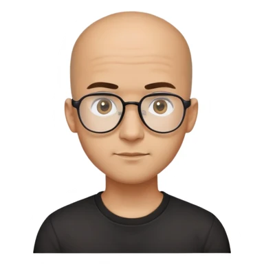 Latino man with small oval face and big forehead, aviator-style glasses, completely bald/shaved sides with very short curly dark hair only on top of head, neutral-friendly expression, light brown skin, wearing a black t-shirt sticker