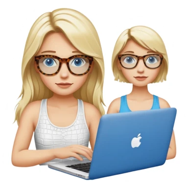 long blonde hair woman blue eyes with tortoise shell print glasses wearing white tank top on mac book with a white crocodile patterns laptop case  sticker
