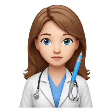 pretty female nursing student with long brown hair, blue eyes inside a classroom at university with blackboard behind her sticker