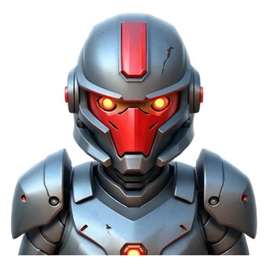 futuristic war robot portrait, head and shoulders only, aggressive design, sharp armor edges, glowing red eyes, battle-damaged helmet faceplate, heavy armor collar, intense dramatic lighting, sci-fi metal textures, 3D cartoon, mobile game icon style, clean background, no text, no watermark
 sticker