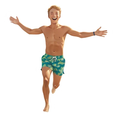 A white man running into the ocean with arms wide open, embracing the waves and the moment. The sun shines warmly, and the water sparkles, symbolizing the joy of creating fun and appreciating life’s simple moments. Their footprints in the sand fade as they fully immerse themselves in the present. sticker