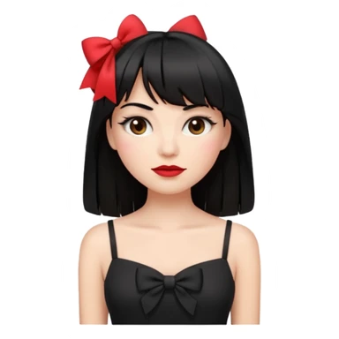emoji feminino branca com cabelo longo, preto, liso e com franja. olhos castanhos. no rosto maquiagem com blush, cílios, delineador e batom vermelho. usando uma blusa preta com alças finas e um laço branco de cada lado sticker