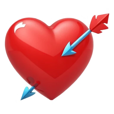 Apple-style 3D illustration of a glossy red heart pierced by a horizontal double-ended arrow. One end of the arrow has a small female symbol, the other end has a small male symbol. The heart is centered, shiny, with soft shadows, floating on a clean white background, minimal and emotional design sticker