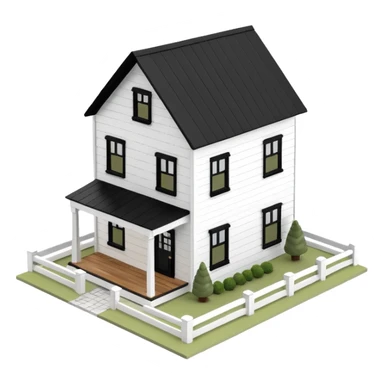 modern farmhouse dollhouse, white with black trim and wooden accents, 3d isometric  sticker