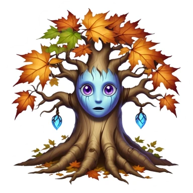 An ancient, psychic tree evolves by absorbing the essence of fallen autumn spirits, sprouting a radiant leaf, channels both forest wisdom and fiery seasonal magic through its gnarled. Purple eyes, blue eyes sharp teeth, bark wood skin, heterochromatic eyes, maple leafs sticker