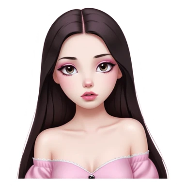 girl with white skin, dark brown long straight hair with middle part falling in front of her body, very big pouty extra shiny lips with absolutely no cupid's bow, big round shiny eyes with black eyeballs and huge eyelashes, no eyeshadow, pink blush on cheeks, lighter button nose, very long oval-shaped face, wearing a pink off-shoulder top, looking directly at camera with hands down at sides sticker