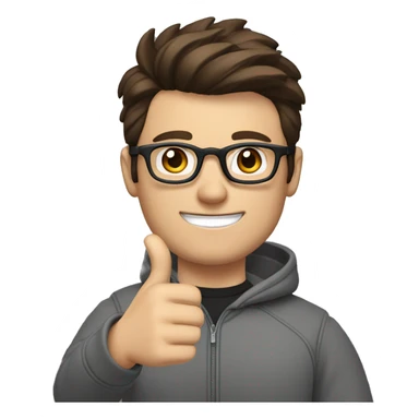 a man with short brown hair, quiff, beard and black round glasses, dark brown eyes, wearing a gray sweatshirt and a professional camera, giving a thumbs up sticker