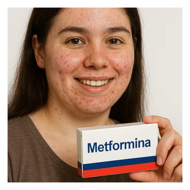 Hyperrealistic 4K vertical 9:16 image of a woman with PCOS or insulin resistance, face with acne and fine hair, holding a box of Metformin with the word 'Metformina' clearly visible and readable, positive expression, white isolated background. sticker