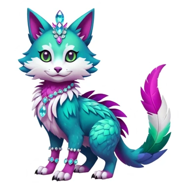 Kawaii cute colorful iridescent deep-dark-turquoise-green and magenta and white beautiful pretty elegant divine edgy feline-vernid-sergal-Fakémon-Pokémon-fursona-animal-creature with accessories, full body, with intricate detailed markings, feathers, crystals sticker