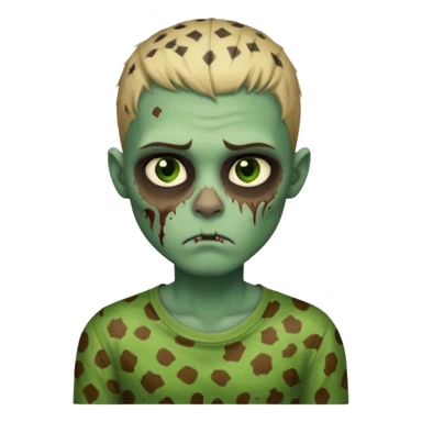 Zombie boy with green skin and sleepy eyes and scars on his face and a shirt that has cheetah texture sticker