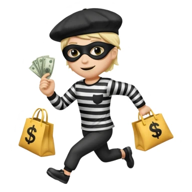 running emoji of a classic burglar, a black eye mask (looks like a blindfold) and a black-and-white striped shirt. emoji-like hair, black hat, ONE bag of money 💰 with a dollar sign in a hand sticker