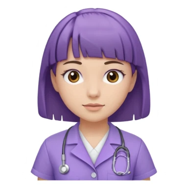 A young female slim nurse with short brown hair with fringe over her forehead, wearing larvendar purple working cloth sticker
