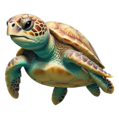 Cinematic Realistic Cute Sea Turtle Portrait Emoji, Head tilted playfully and inquisitively, featuring a compact, gentle form with a beautifully detailed shell adorned with natural patterns and a soft, expressive face with sparkling eyes, rendered with realistic textures and warm ambient light; high shine, affectionate and spirited, styled with a touch of marine whimsy, soft glowing outline, capturing the essence of a mischievous yet lovable sea turtle that seems ready to swim playfully into your arms! sticker