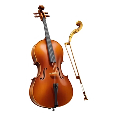 Create an elegant and refined emoji representing the Cremona cello with a Hans Klein HKCB bow. The design should feature the curved wooden body of the cello with a rich, glossy finish, capturing its classical shape and intricate details. The bow should be displayed with fine craftsmanship, highlighting the hair and the smooth, polished wooden stick. Include subtle musical notes floating around the instrument to emphasize its rich, melodic sound. Use deep wood tones like chestnut brown, gold accents for the fittings, and soft lighting effects to give the instrument a timeless, professional feel. The background should be transparent. sticker