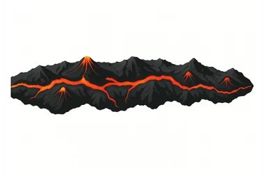Top-down orthographic view (strictly from above) of a volcanic mountain belt strip designed as a map overlay. A long curved ridge line made of dark rocky mountains, with several small volcano cones along the strip. Bright red-orange lava cracks and glowing magma seams running through the ridge, symbolizing a tectonic plate boundary and magma being pushed upward. Clean infographic style, sharp silhouette, high contrast, minimal details, no perspective, no depth tilt, no horizon. Isolated single object centered on a pure white background (#FFFFFF). No text, no labels, no watermark. 4K, wide horizontal banner composition. sticker