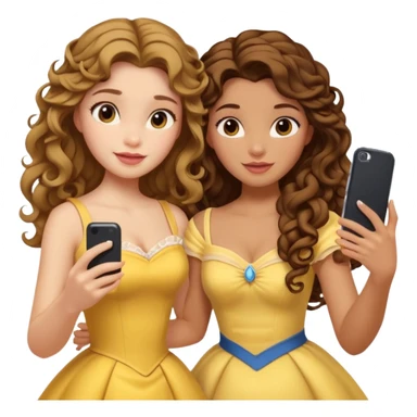 Haz un dos chicad una la princesa Bella de Disney y la otra uo con el pelo rizado largo haciendose un selfie como si et UVI ETB en el perquè de isney sticker