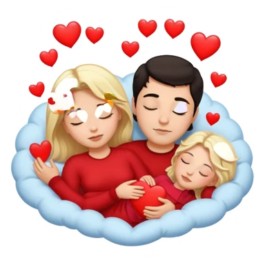 Sleeping romance couple. man has dark hair. woman is blonde. hearts surrounding them. no third person. sticker