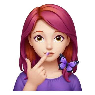 red haired girl finger holding purple butterfly sticker
