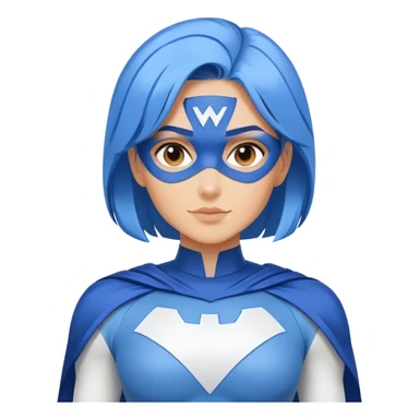 A close-up emoji of a friendly woman with blue hair wearing a minimalist blue and white superhero costume. The costume has a large empty area on the chest for the logo, uses only blue and white colors, and has minimal details. sticker