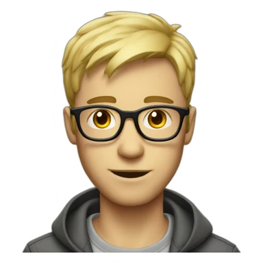 Light-haired man, short hair, small thin glasses, geek sticker