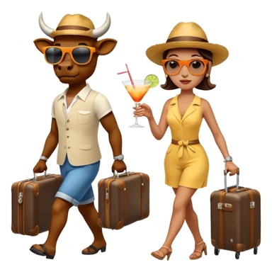 generate an emoji of a group of up to 8 male and female bulls travelling together on holidays. One bull has a suitcase, one has sunglasses, one is carrying a cocktail. They're all in motion, walking together. Make the characters look like bulls. They wear summer clothes sticker