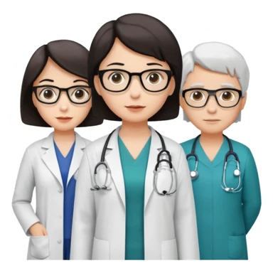 Create four doctors grouped together. Place a female doctor with dark brown short bob hair prominently in the front. Behind her, include:

a doctor with white hair wearing glasses,

a young male doctor with black hair and no glasses,

and a female doctor with black short bob hair wearing glasses. sticker