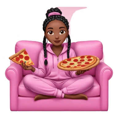 A dark-brown-skinned Black woman with black box braids, sitting on a pink couch, holding an open pizza box.She’s wearing comfy loungewear, looking relaxed and enjoying her food. sticker