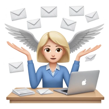tired woman sitting at a desk with a MacBook, holding her arms out to the side, surrounded by flying papers sticker