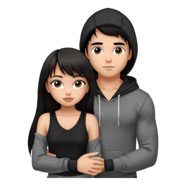 generate a pretty bratz girl in black cami top, dark brown straight long hair with bangs, eyeliner on, 

hugging a handsome muscular boy with black hair and a grey hoodie sticker