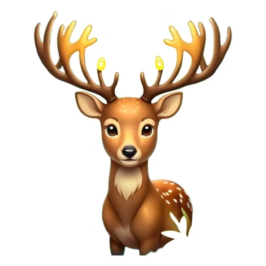 A mystical forest deer with glowing antlers, surrounded by fireflies and soft green foliage, in a magical woodland setting, emoji style sticker