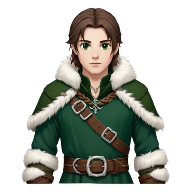 Medieval winter outfit worn by a DnD themed fantasy male character. Double-layered hunter green wool tunic with sable fur collar, featuring silver chain closures and a thick braided leather belt with iron fittings. Clothes only above the waist, full waist coverage. The character has no arms. Character is white-skinned with rich brown hair, amber-flecked eyes, and medium-length straight hair with ice-rimmed edges. sticker