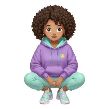 Black girl, clean girl aesthetic, 4C curly hair in a puff, pastel hoodie, white sneakers, minimal jewelry, soft smile, cozy vibe, bright colors comendo panquecas sticker