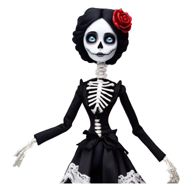 full height skeleton, tim burton "corpse bride", thin porcelain doll with a cracked face, goth makeup watery eyes, long hair, lace and ruffles, lolita style, inked, black and white, red roses, gothic castle with roses sticker