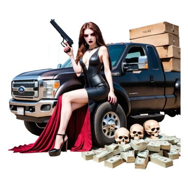 Lilith symbol red eye seductress evil long brown haired sexy succubus woman with leather long dress with slit, sitting in Big Large F350 pickup truck. Black Platform high heels on feet. Back of truck full of stacks of cash, sitting behind her is  a human skull with a gun in other hand sticker