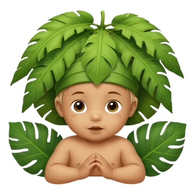 a baby with jungle wearing a large leaf headgear bye  sticker
