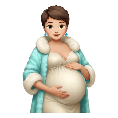 pregnant stylish woman with short pixie brunette hair happily touching her big belly while wearing white gown and fancy fur coat and colorful shades sticker