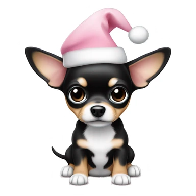 black & tan chihuahua puppy full body light blue eyes pink christmas hat on sticker