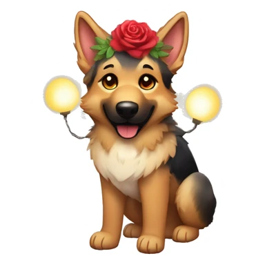 Brindled German shepherd fox carrying glowing red lantern, fairy lights, rose flower crown sticker