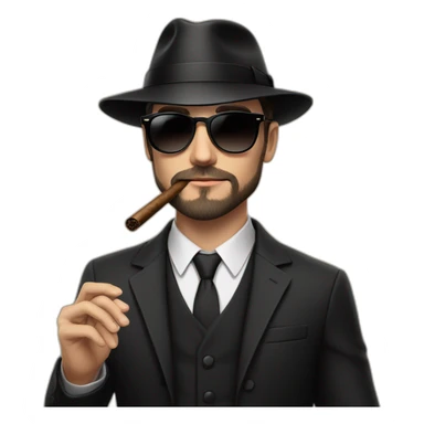 young white male adult with dark hair and beard, black fedora hat, black ray ban sunglasses, three pieces dark costume and tie smoking a cigar sticker