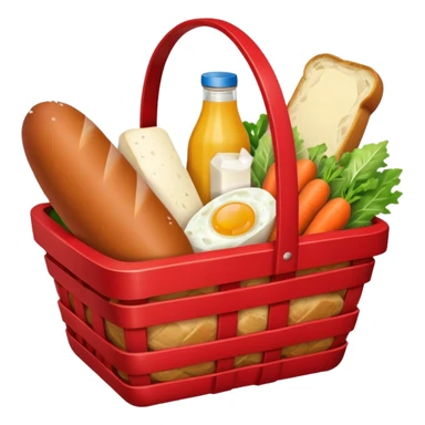 red basket with groceries: milk, bread, sausage, eggs, potatoes, carrots, onions, cabbage sticker