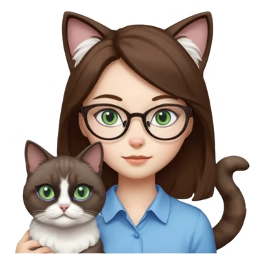 O data cu parul saten ,ochii griji-albastrii ,ochelari și codițe de pisica ..și langa o pisicuță alba pufoasa ,cu ochii verzi și o a doua pisica siameza pufoasa cu capul maro -negru și coada ,restul corpului un maro deschis spre alb  , ochii albaștrii sticker