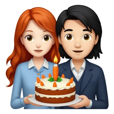 Redhead girl and Asian guy with long black hair and carrot cake sticker