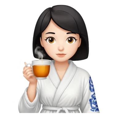 White girl with brown eyes and short black hair drinking a cup of tea in a bathrobe sticker