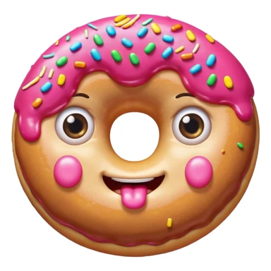 bitten donut with big sparkling eyes, drooling mouth, blushing cheeks, hands reaching toward it, colorful, expressive, minimalistic, modern emoji style sticker