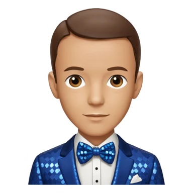Fred Astaire with brown hair, dark blue sequin suit with bow tie sticker