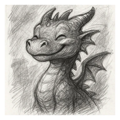 a cute dragon smiling, pencil sketch style sticker