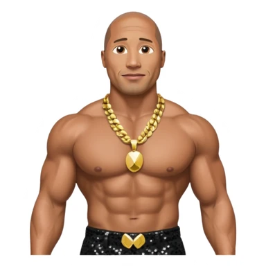 Dwayne Johnson with black sequin baggy pants, shirtless with necklace sticker