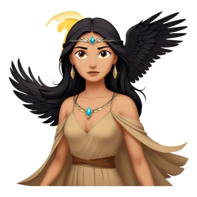 Cinematic Stunning Pocahontas Portrait Emoji, Windswept raven hair flowing behind her, deep brown eyes filled with wisdom and strength, glowing sun-kissed skin, wearing her elegant tan dress, the spirit of the wild in her expression, breathtakingly majestic! sticker